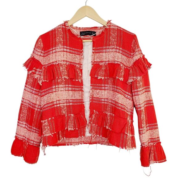 Zara Jackets & Blazers - Zara Open Boucle Jacket M Red Plaid‎ Woven Fringed Ruffle Cropped Long Sleeve